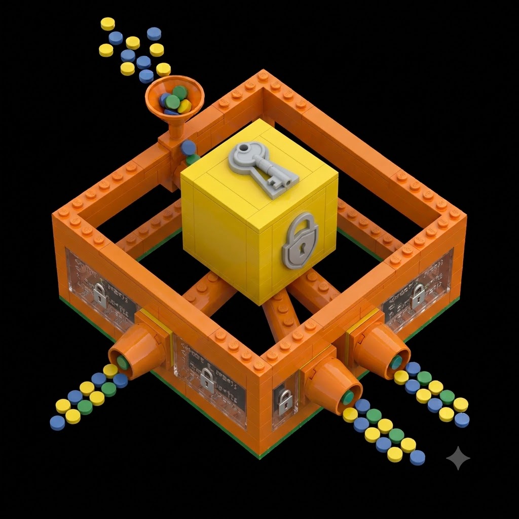 Lego-Illustration: Caddy als sicherer Routing-Hub mit Schloss und mehreren Ausgängen