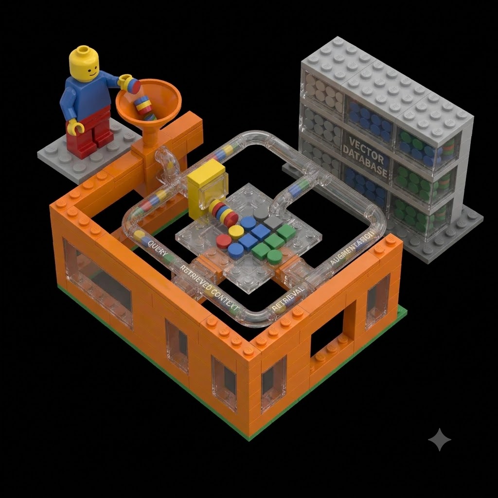 Lego-Illustration: RAG mit Query, Retrieval, Vector Database und Augmentation